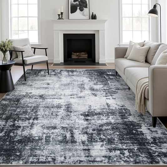 9x12 Area Rug Living Room Rug: Washable Modern Abstract Soft Thin Rug Indoor Floor No Slip Stain Resistant Carpet for Bedroom Dining Room Farmhouse Nursery Home Office - Dark Black