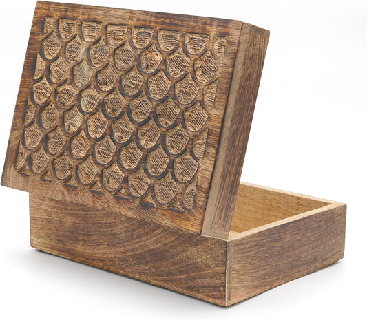 Mela Artisans Carved Scallop Mango Wood Box with Lid - Medium Burnt Extra Large Box - Handmade Decorative Box with Lid for Use As Memory BoxKeepsake BoxPhoto Storage Boxand more - 10.5” x 7.5” x 4”